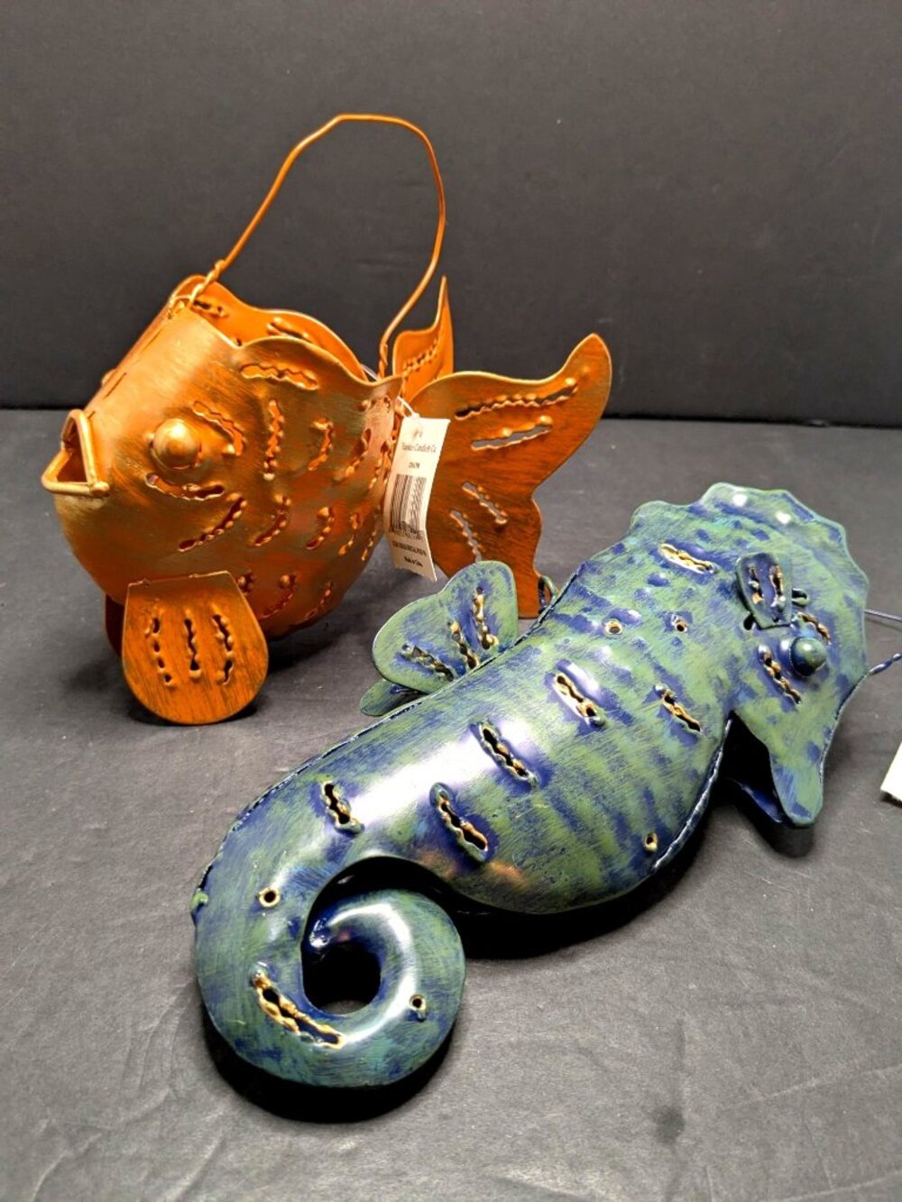 Metal Seahorse & Goldfish Tealight Candle Holders Handcrafted Whimsical Beach